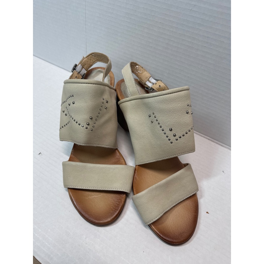 Miz Mooz Bohemian Cream Leather‎ Studded Block Heel Slingback Sandals Womens 41